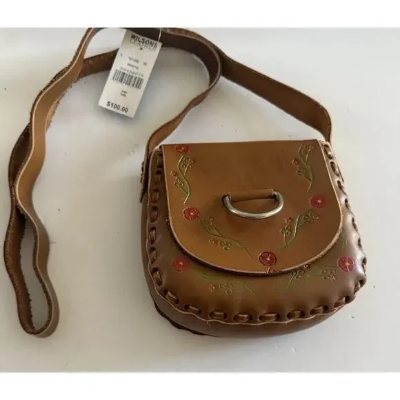$100 NWT Vintage Wilsons Leather Floral Crossbody Shoulder Bag Brown Western - Picture 2 of 12